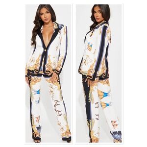 LuxeDress Womens 2 Piece Suit Set Blazer Pants Western Horse Scarf Print Size 4